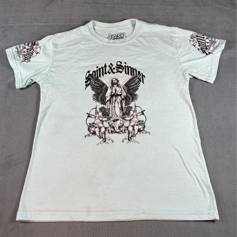 Fresh Laundry Saint & Sinner Graphic T-Shirt Mint Green Religious Cherub Large